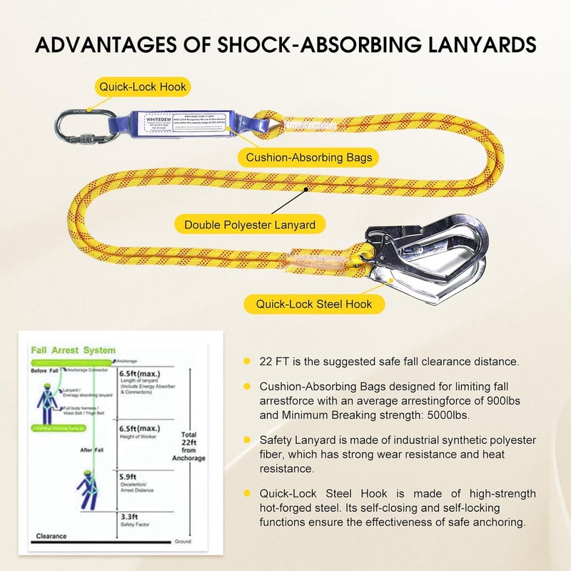 Whitedew Fall Protection Premium Safety Harness with Shock Absorbing Lanyard, Vented & Padded Shoulder, Legs & Back - Upgrade 4 Quick Buckles (Yellow) - Image 5